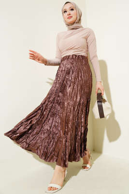 Saten Kırışık Etek Kahve - Uzun Etek