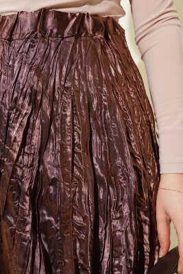 Saten Kırışık Etek Kahve - Uzun Etek