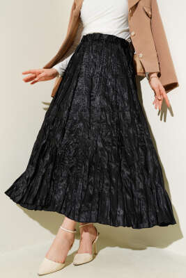 Saten Kırışık Etek Siyah 