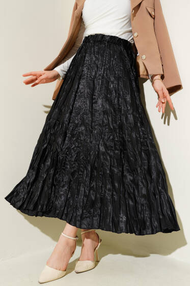Saten Kırışık Etek Siyah - Uzun Etek