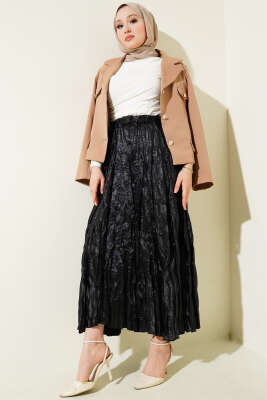 Saten Kırışık Etek Siyah - Uzun Etek