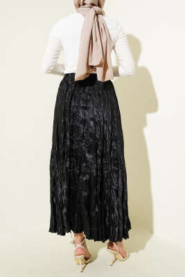 Saten Kırışık Etek Siyah - Uzun Etek