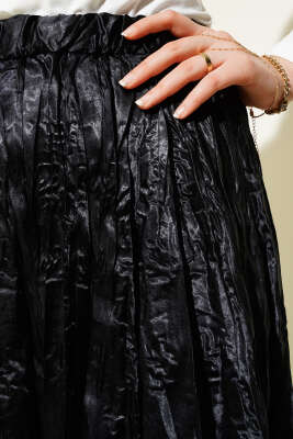 Saten Kırışık Etek Siyah - Uzun Etek