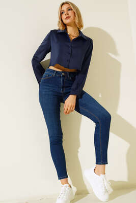 Saten Kısa Gömlek Lacivert - Yılın Fırsatı