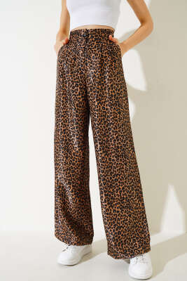 Saten Leopar Desenli Salaş Pantolon Taba - Kadın Giyim Modelleri
