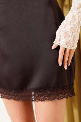 Saten Mini Dantelli Etek Acı Kahve - Kadın Giyim Modelleri