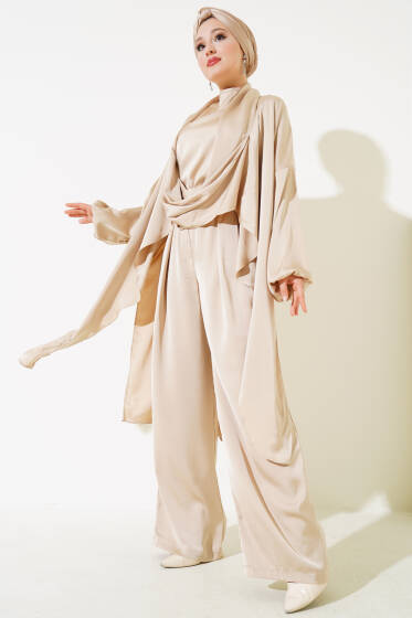 Saten Üçlü Takım Bej - İKİLİ TAKIM