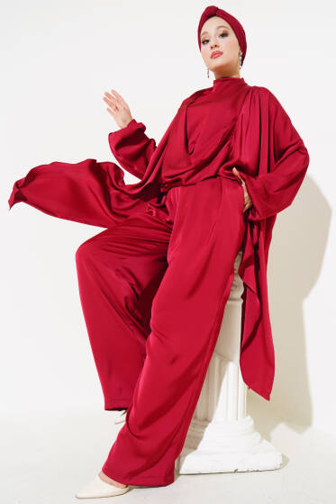 Saten Üçlü Takım Bordo - İKİLİ TAKIM