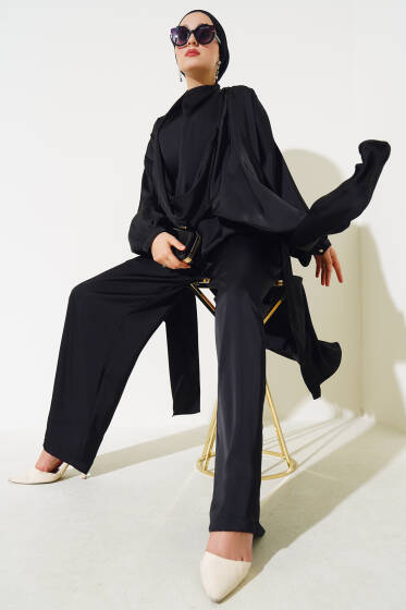 Saten Üçlü Takım Siyah - İKİLİ TAKIM