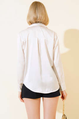 Saten Uzun Kol Gömlek Bej - Kadın Giyim Modelleri