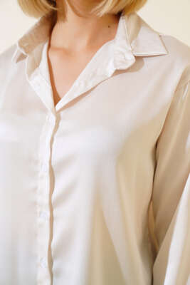 Saten Uzun Kol Gömlek Bej - Kadın Giyim Modelleri