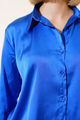 Saten Uzun Kol Gömlek Saks - Kadın Giyim Modelleri