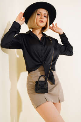 Saten Uzun Kol Gömlek Siyah - Yeni Giyim