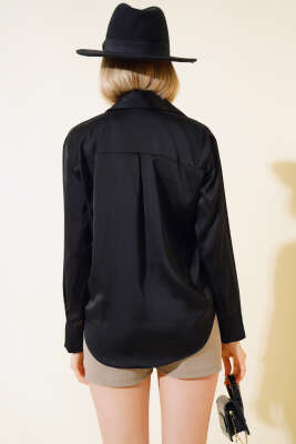 Saten Uzun Kol Gömlek Siyah - Yeni Giyim