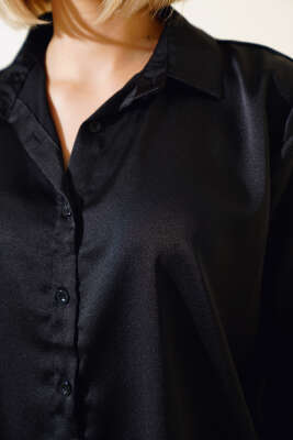 Saten Uzun Kol Gömlek Siyah - Yeni Giyim