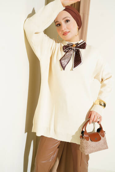 Saten Yaka Fularlı Triko Tunik Bej - Tunik