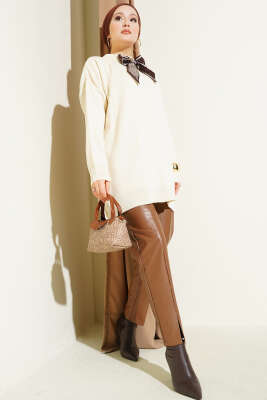 Saten Yaka Fularlı Triko Tunik Bej - Tunik