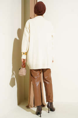 Saten Yaka Fularlı Triko Tunik Bej - Tunik