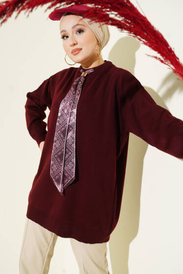 Saten Yaka Fularlı Triko Tunik Bordo - Tunik