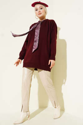 Saten Yaka Fularlı Triko Tunik Bordo - Tunik