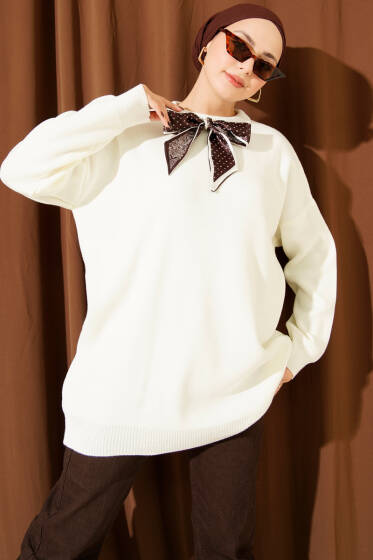 Saten Yaka Fularlı Triko Tunik Ekru - Tunik