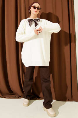 Saten Yaka Fularlı Triko Tunik Ekru - Tunik