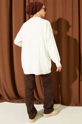 Saten Yaka Fularlı Triko Tunik Ekru - Tunik