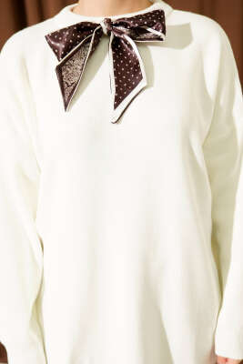 Saten Yaka Fularlı Triko Tunik Ekru - Tunik