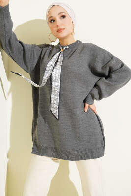 Saten Yaka Fularlı Triko Tunik Füme - Tunik