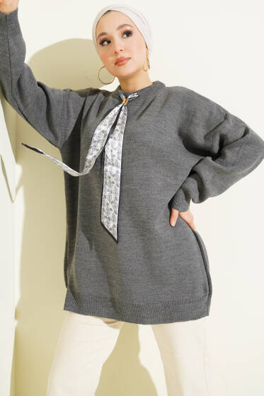 Saten Yaka Fularlı Triko Tunik Füme - Tunik