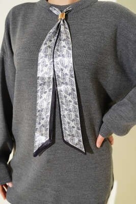 Saten Yaka Fularlı Triko Tunik Füme - Tunik