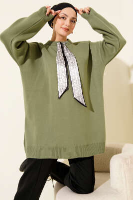 Saten Yaka Fularlı Triko Tunik Haki - VANİZA TRİKO