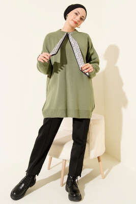 Saten Yaka Fularlı Triko Tunik Haki - Tunik