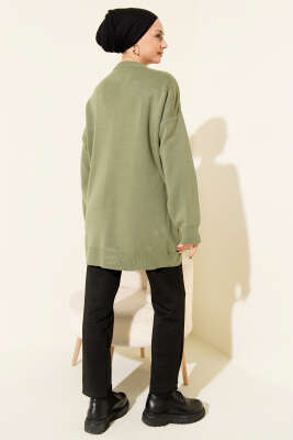 Saten Yaka Fularlı Triko Tunik Haki - Tunik