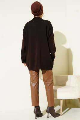 Saten Yaka Fularlı Triko Tunik Kahve - Tunik