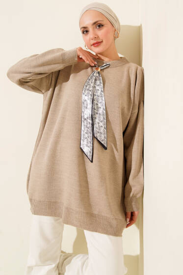 Saten Yaka Fularlı Triko Tunik Latte - Tunik