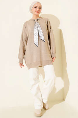 Saten Yaka Fularlı Triko Tunik Latte - Tunik
