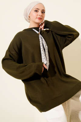 Saten Yaka Fularlı Triko Tunik Nefti 