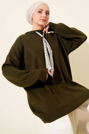 Saten Yaka Fularlı Triko Tunik Nefti - Tunik