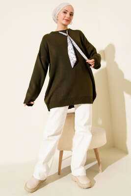 Saten Yaka Fularlı Triko Tunik Nefti - Tunik