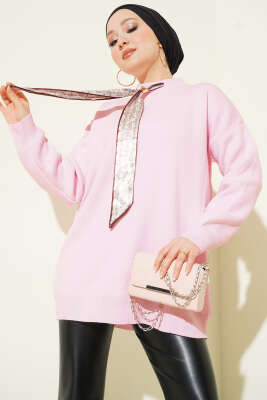 Saten Yaka Fularlı Triko Tunik Pembe - VANİZA TRİKO