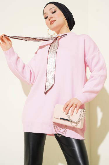 Saten Yaka Fularlı Triko Tunik Pembe - Tunik