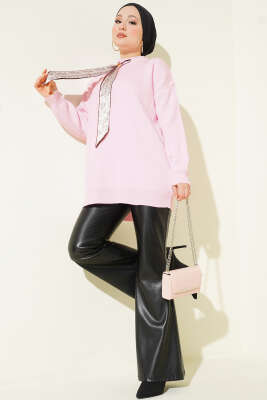 Saten Yaka Fularlı Triko Tunik Pembe - Tunik