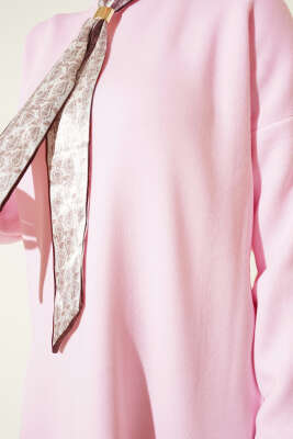 Saten Yaka Fularlı Triko Tunik Pembe - Tunik