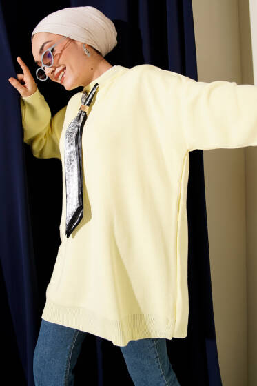 Saten Yaka Fularlı Triko Tunik Sarı - Tunik