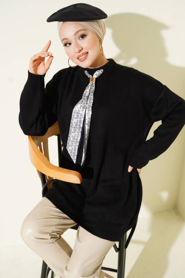Saten Yaka Fularlı Triko Tunik Siyah - Tunik