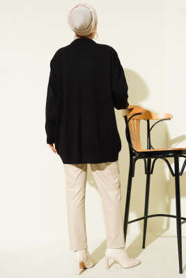 Saten Yaka Fularlı Triko Tunik Siyah - Tunik