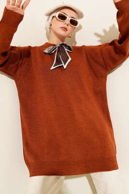 Saten Yaka Fularlı Triko Tunik Taba - VANİZA TRİKO