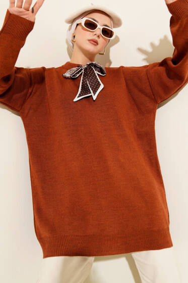 Saten Yaka Fularlı Triko Tunik Taba - Tunik