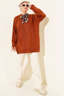 Saten Yaka Fularlı Triko Tunik Taba - Tunik